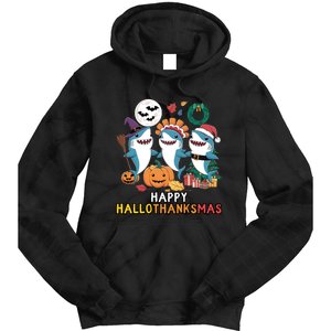 Shark Thanksgiving Happy Hallothanksmas Christmas Halloween Tie Dye Hoodie