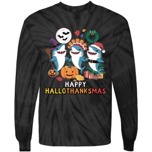 Shark Thanksgiving Happy Hallothanksmas Christmas Halloween Tie-Dye Long Sleeve Shirt