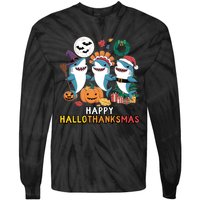 Shark Thanksgiving Happy Hallothanksmas Christmas Halloween Tie-Dye Long Sleeve Shirt