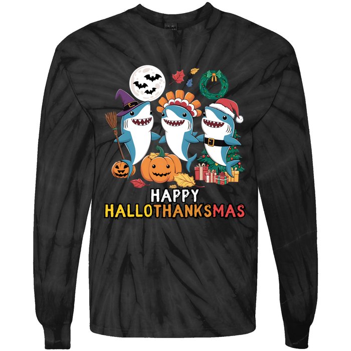 Shark Thanksgiving Happy Hallothanksmas Christmas Halloween Tie-Dye Long Sleeve Shirt