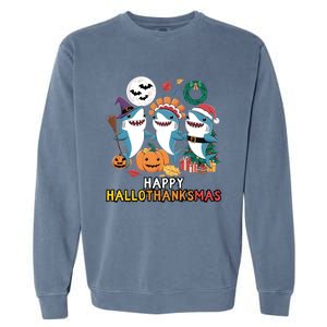 Shark Thanksgiving Happy Hallothanksmas Christmas Halloween Garment-Dyed Sweatshirt