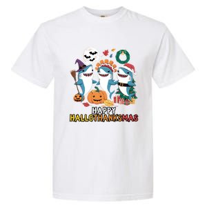 Shark Thanksgiving Happy Hallothanksmas Christmas Halloween Garment-Dyed Heavyweight T-Shirt