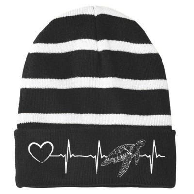 Sea Turtle Heartbeat Heart Turtle Lover Heartbeat Turtle Striped Beanie with Solid Band