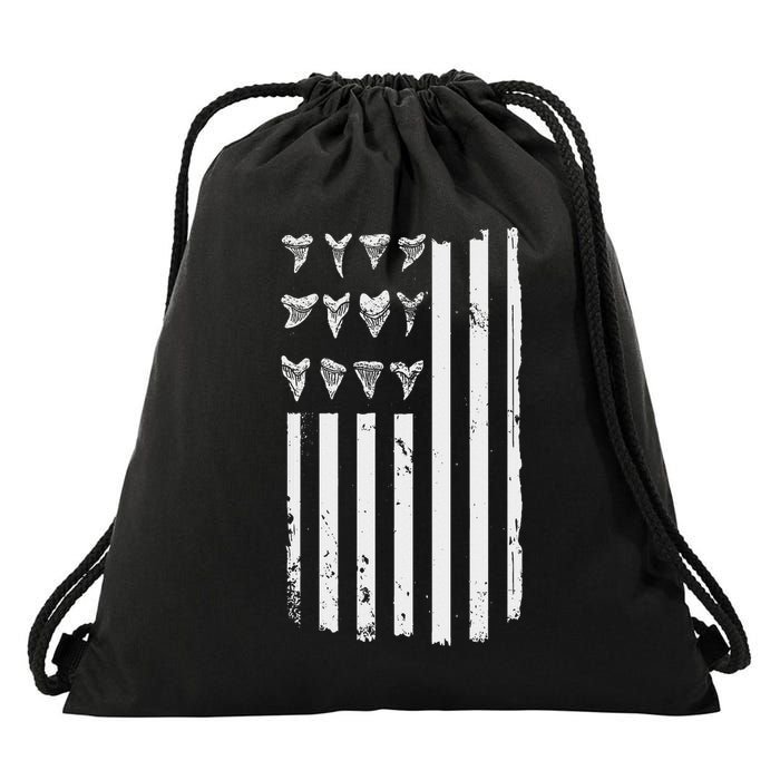 Shark Tooth Hunting American Flag Design For Fossil Hunter Drawstring Bag