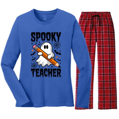 Spooky Teacher Halloween Cute Ghost Groovy Teacher Cute Gift Women's Long Sleeve Flannel Pajama Set 