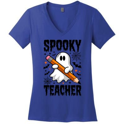 Spooky Teacher Halloween Cute Ghost Groovy Teacher Cute Gift Women's V-Neck T-Shirt