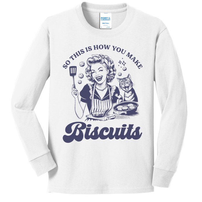 So This Is How You Make Biscuits Funny Meme Cat Baking Retro Kids Long Sleeve Shirt