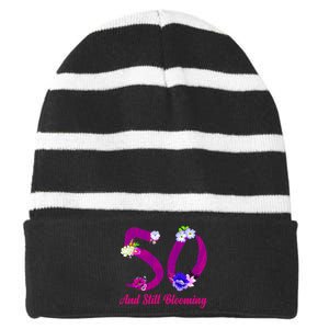 Still Blooming 50th Birthday Flowers Striped Beanie with Solid Band