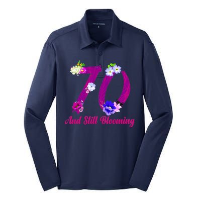 Still Blooming 70th Birthday Flowers Silk Touch Performance Long Sleeve Polo