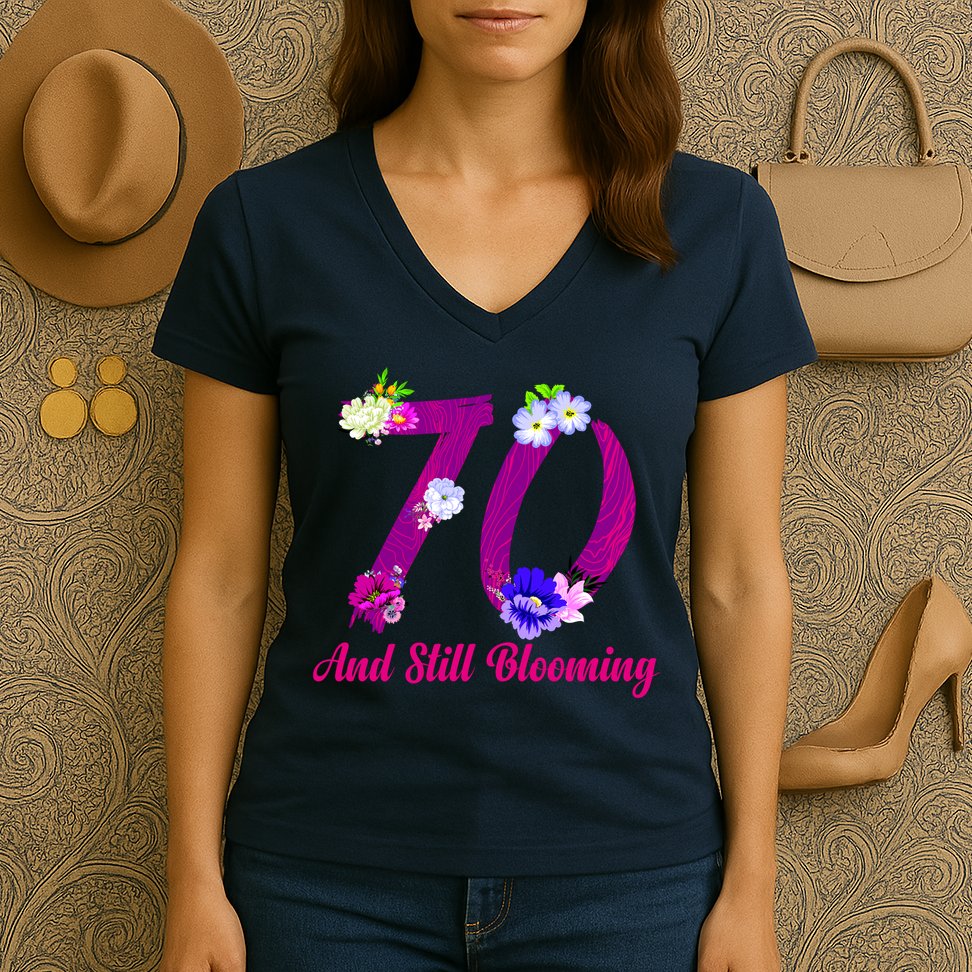 Still Blooming 70th Birthday Flowers Women's V-Neck T-Shirt
