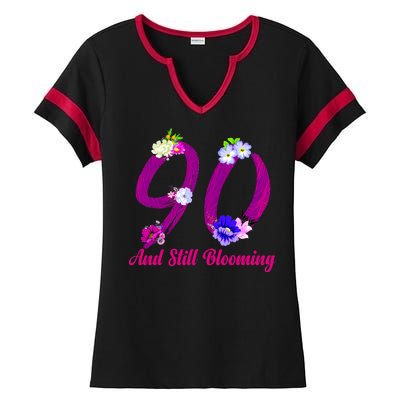 Still Blooming 90th Birthday Flowers Ladies Halftime Notch Neck Tee