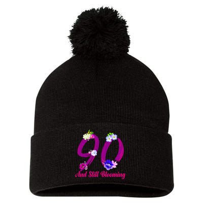 Still Blooming 90th Birthday Flowers Pom Pom 12in Knit Beanie