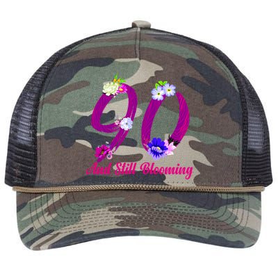 Still Blooming 90th Birthday Flowers Retro Rope Trucker Hat Cap