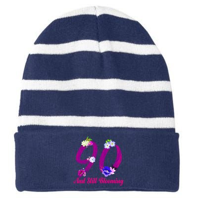 Still Blooming 90th Birthday Flowers Striped Beanie with Solid Band