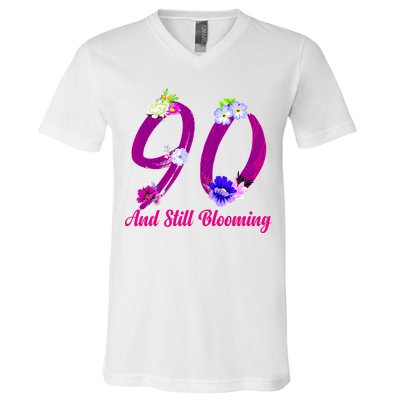 Still Blooming 90th Birthday Flowers V-Neck T-Shirt