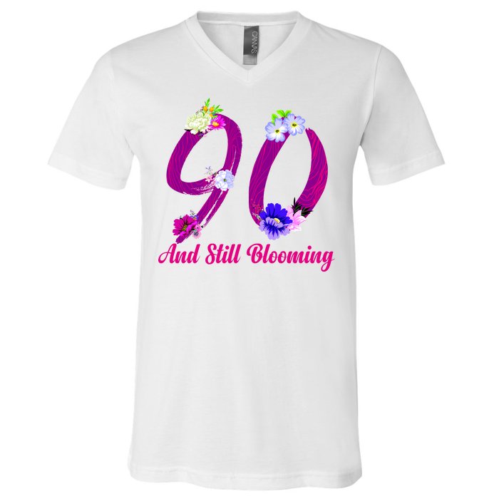 Still Blooming 90th Birthday Flowers V-Neck T-Shirt