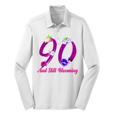 Still Blooming 90th Birthday Flowers Silk Touch Performance Long Sleeve Polo