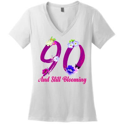 Still Blooming 90th Birthday Flowers Women's V-Neck T-Shirt