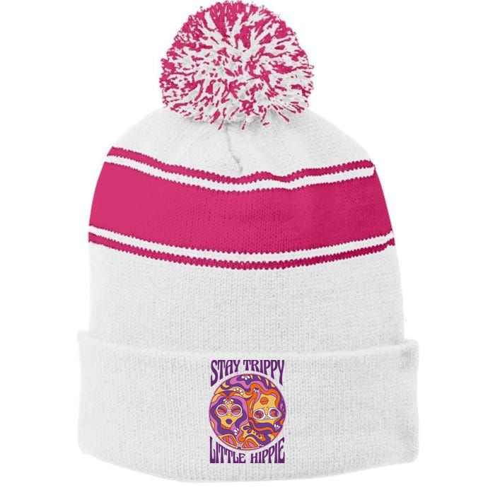 Stay Trippy Little Hippie Retro 60s Stripe Pom Pom Beanie