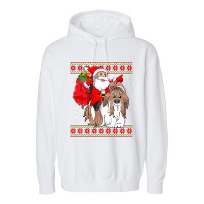 Shih Tzu Lover Xmas Ugly Santa Riding Shih Tzu Dog Christmas Gift Garment-Dyed Fleece Hoodie