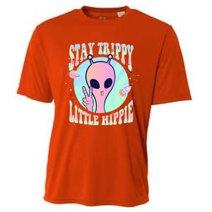 Stay Trippy Little Hippie Art Peace Sign Hand Ufo Pink Alien Gift Cooling Performance Crew T-Shirt