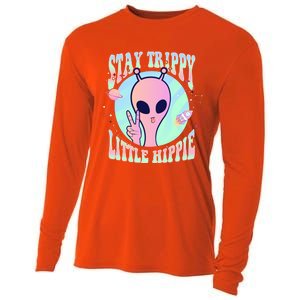 Stay Trippy Little Hippie Art Peace Sign Hand Ufo Pink Alien Gift Cooling Performance Long Sleeve Crew