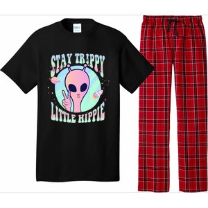 Stay Trippy Little Hippie Art Peace Sign Hand Ufo Pink Alien Gift Pajama Set