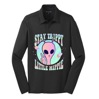 Stay Trippy Little Hippie Art Peace Sign Hand Ufo Pink Alien Gift Silk Touch Performance Long Sleeve Polo