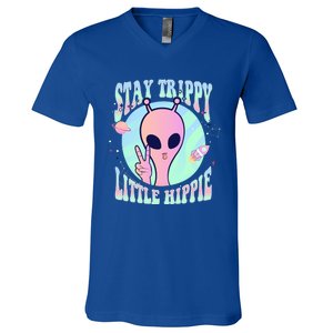 Stay Trippy Little Hippie Art Peace Sign Hand Ufo Pink Alien Gift V-Neck T-Shirt