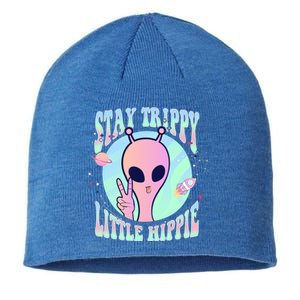 Stay Trippy Little Hippie Art Peace Sign Hand Ufo Pink Alien Gift Sustainable Beanie