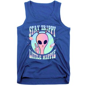 Stay Trippy Little Hippie Art Peace Sign Hand Ufo Pink Alien Gift Tank Top