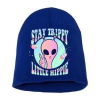 Stay Trippy Little Hippie Art Peace Sign Hand Ufo Pink Alien Gift Short Acrylic Beanie