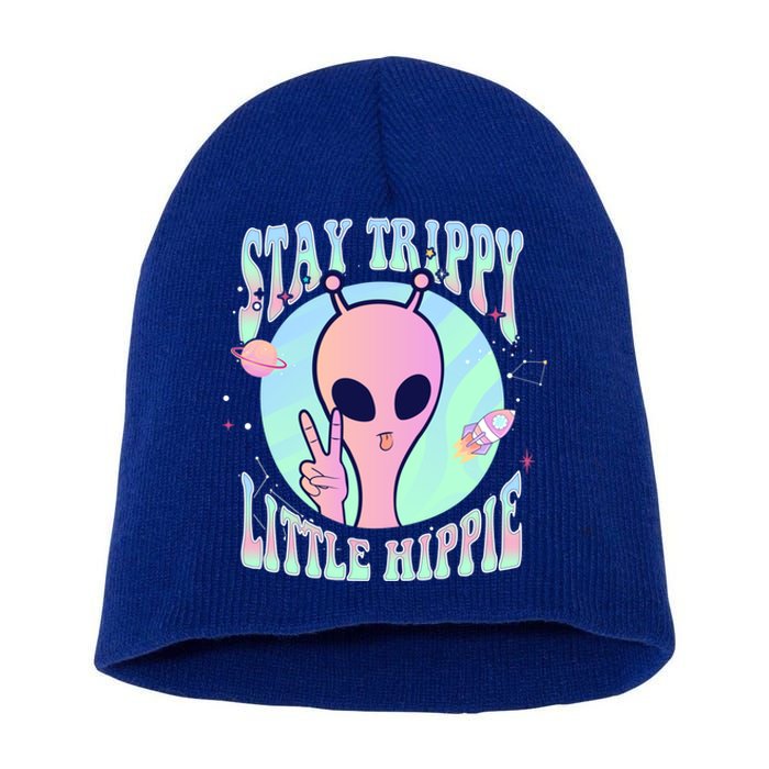 Stay Trippy Little Hippie Art Peace Sign Hand Ufo Pink Alien Gift Short Acrylic Beanie