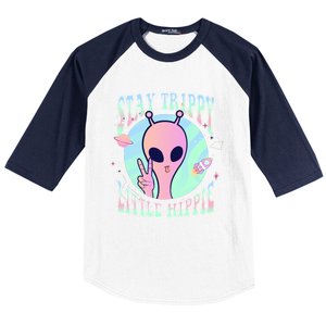 Stay Trippy Little Hippie Art Peace Sign Hand Ufo Pink Alien Gift Baseball Sleeve Shirt