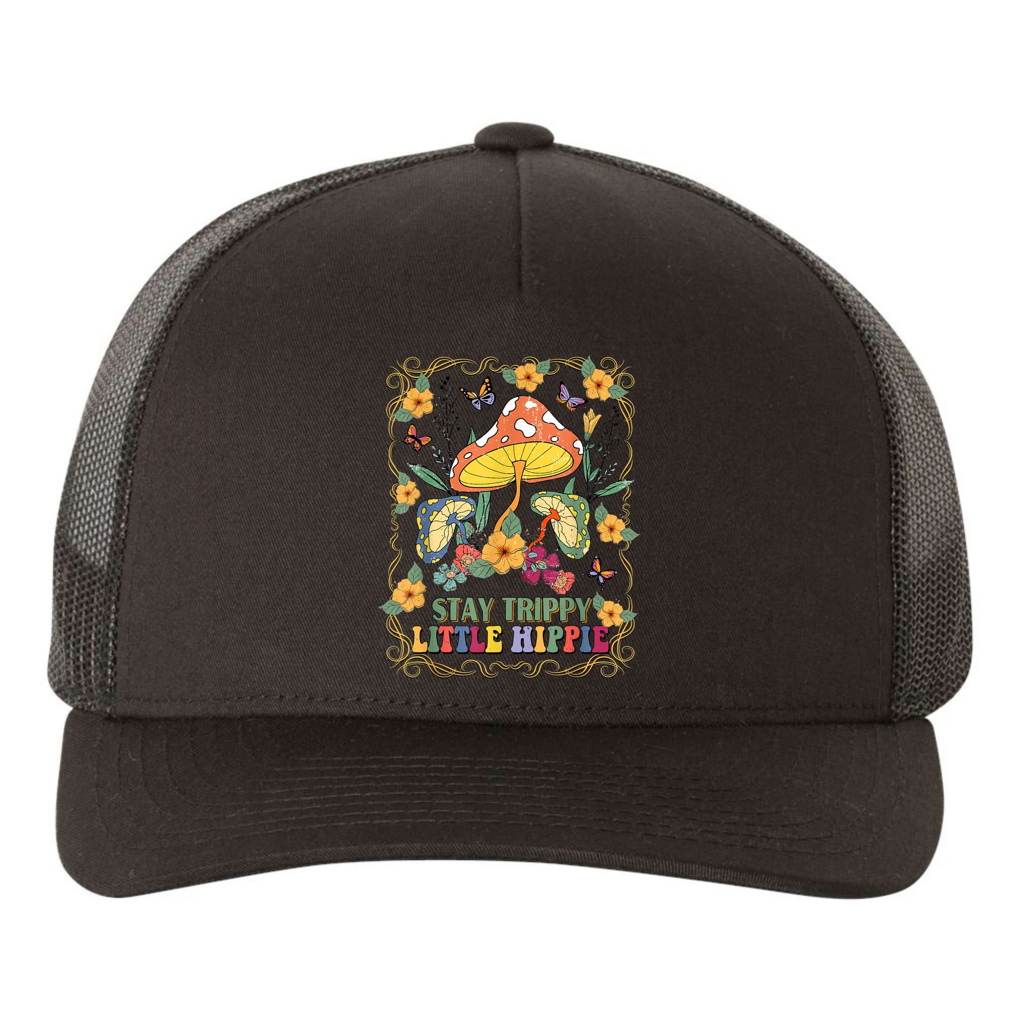 Stay Trippy Little Hippie Retro Mushrooms Vintage 70s Vibes Yupoong Adult 5-Panel Trucker Hat