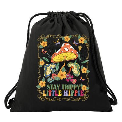 Stay Trippy Little Hippie Retro Mushrooms Vintage 70s Vibes Drawstring Bag