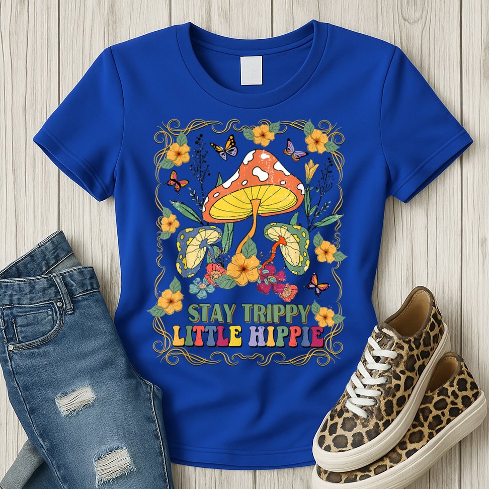 Stay Trippy Little Hippie Retro Mushrooms Vintage 70s Vibes Womens T-Shirt