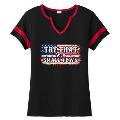 Small Town Leopard Print American USA Flag Ladies Halftime Notch Neck Tee