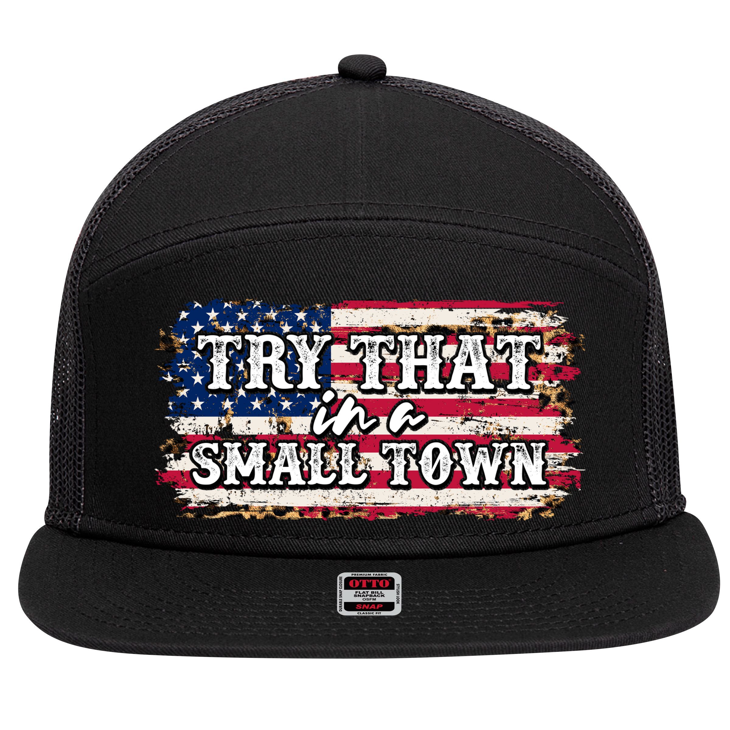 Small Town Leopard Print American USA Flag 7 Panel Mesh Trucker Snapback Hat
