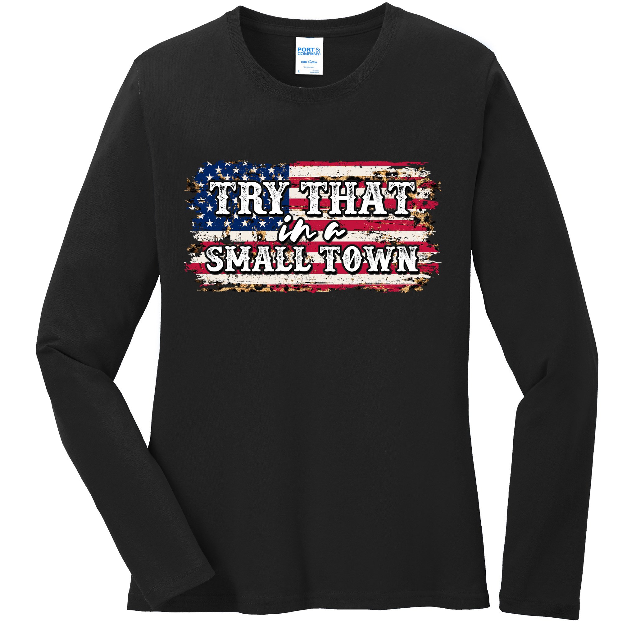 Small Town Leopard Print American USA Flag Ladies Long Sleeve Shirt