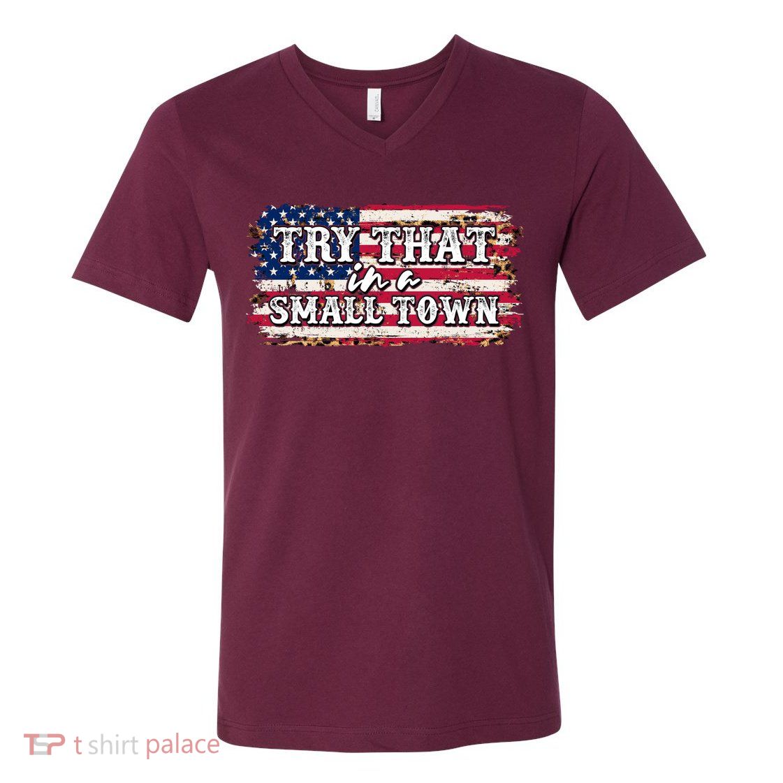 Small Town Leopard Print American USA Flag V-Neck T-Shirt