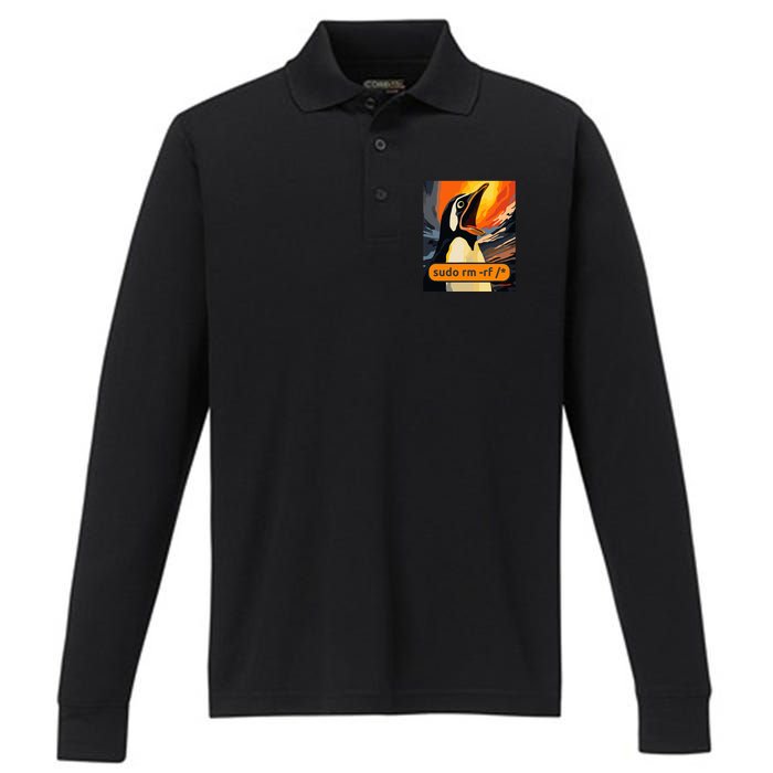 Screaming Tux Linux Sudo Rm Rf Performance Long Sleeve Polo