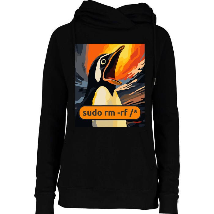 Screaming Tux Linux Sudo Rm Rf Womens Funnel Neck Pullover Hood