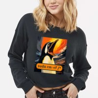 Screaming Tux Linux Sudo Rm Rf Cropped Pullover Crew