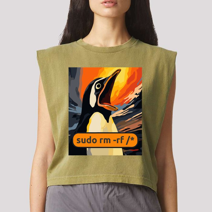 Screaming Tux Linux Sudo Rm Rf Garment-Dyed Women's Muscle Tee