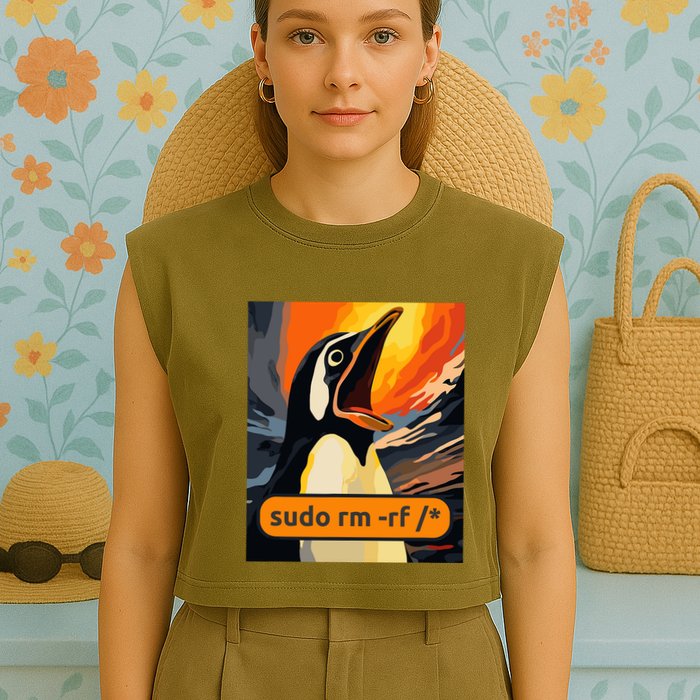 Screaming Tux Linux Sudo Rm Rf Garment-Dyed Women's Muscle Tee