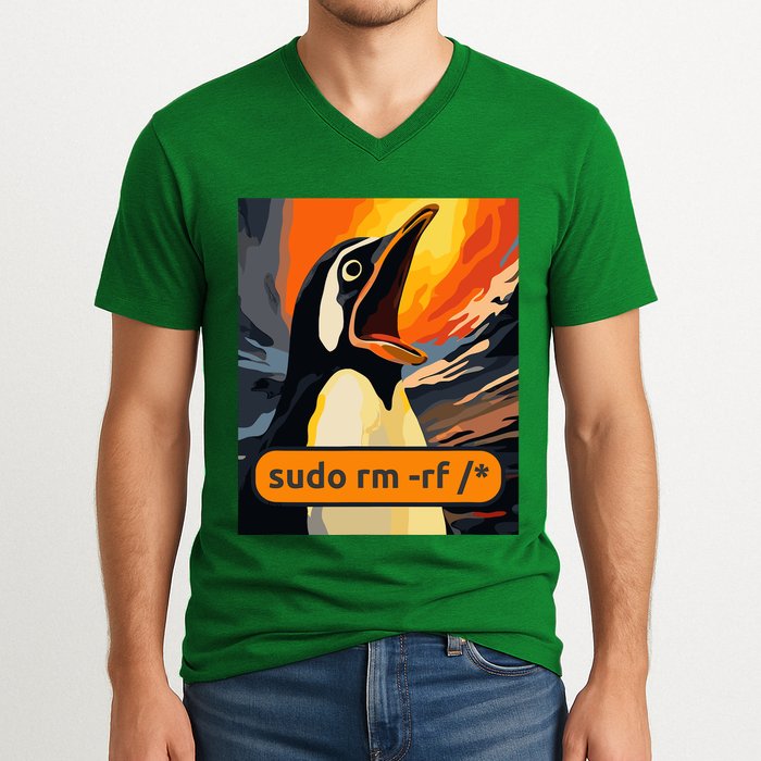 Screaming Tux Linux Sudo Rm Rf V-Neck T-Shirt