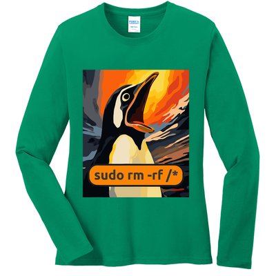 Screaming Tux Linux Sudo Rm Rf Ladies Long Sleeve Shirt