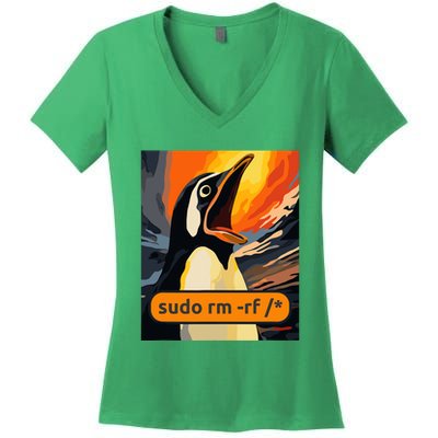 Screaming Tux Linux Sudo Rm Rf Women's V-Neck T-Shirt