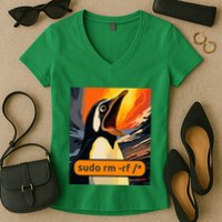 Screaming Tux Linux Sudo Rm Rf Women's V-Neck T-Shirt